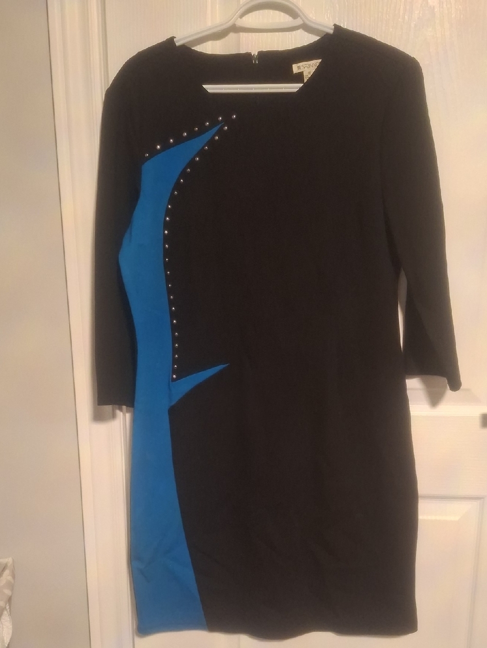 SPANNER Black Dress with Bright Blue Panel and Stud Trim